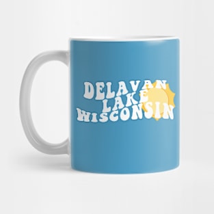 Sunshine in Delavan Lake Wisconsin Retro Wavy 1970s Summer Text Mug